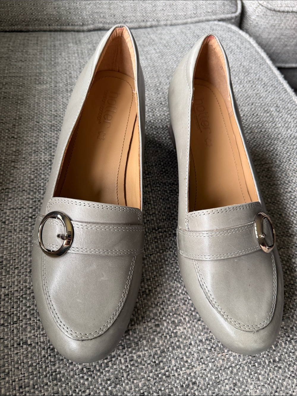 NEW Hotter Taylor Gray Leather Buckle Loafer Block Heel Comfort Pumps Size 8.5